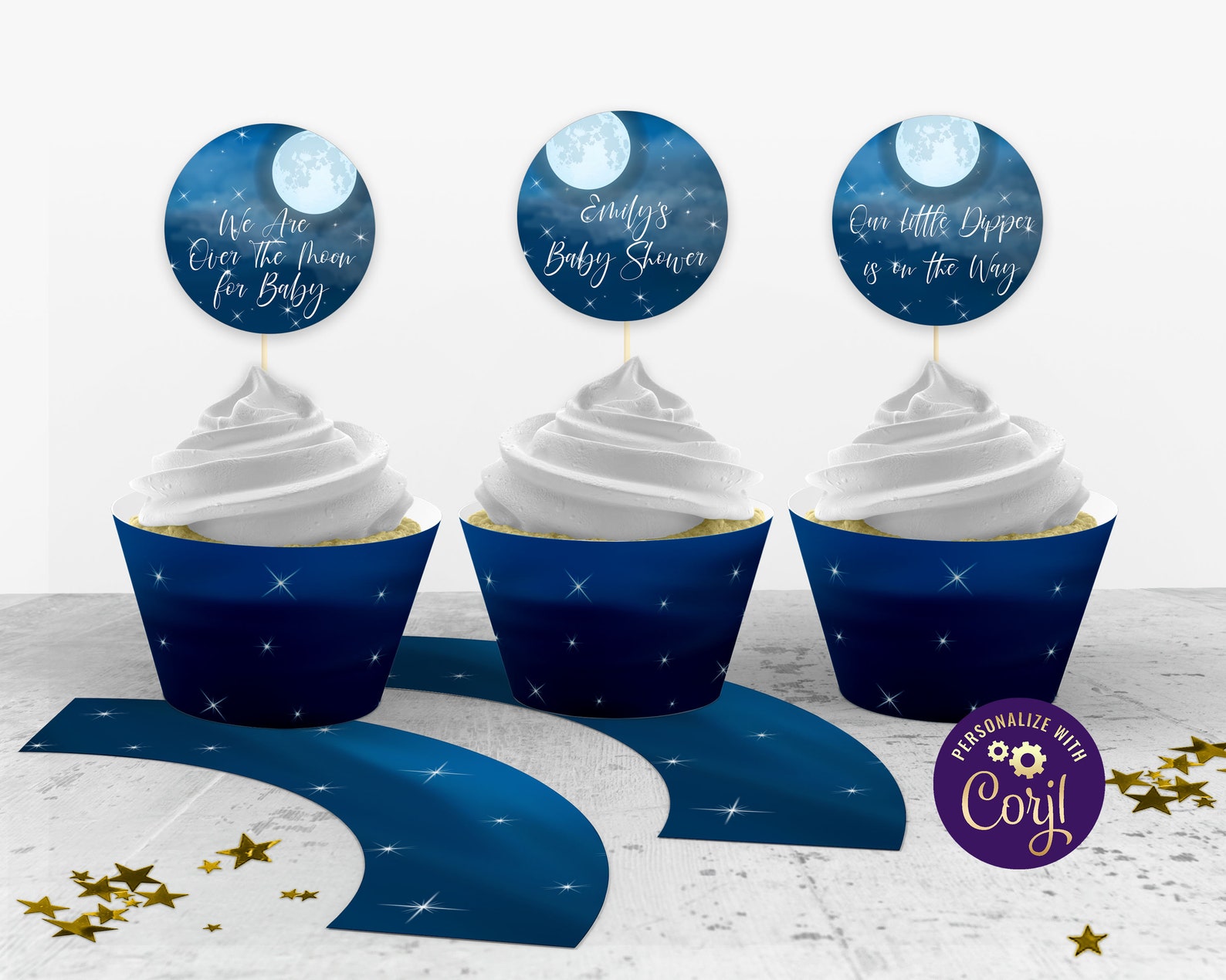 Moon and Star Cupcake Toppers and Cupcake Wrappers ID158 | Etsy