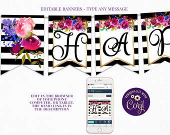 Black and White Stripe Editable Banner Name Banner DIY Template Pennant Stripes with Fuchsia Flowers ID102