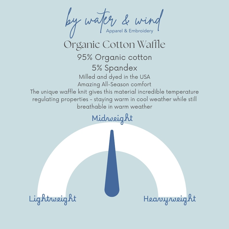 May include: A light blue graphic with text describing organic cotton waffle fabric. The text includes "by water & wind", "Organic Cotton Waffle", and details about the fabric's composition and properties. A gauge indicates "Midweight" fabric.