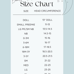 May include: A size chart for bonnets and hats, with a light blue background and a crescent moon illustration. The chart lists sizes from "Doll" to "XL" with corresponding head circumference measurements in inches. The text "Bonnet & Hats Size Chart" is at the top.