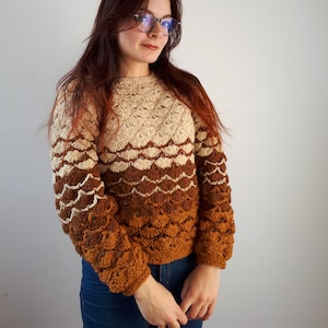 Puede incluir: Un suéter de crochet marrón y beige con un diseño festoneado. El suéter tiene mangas largas y un cuello redondo.