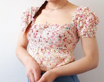 Playful tee/ crochet pattern for cute top/ advanced crocheter project/ top with puffed sleeves / big sleeves crochet top/ milkmaid top/ pdf
