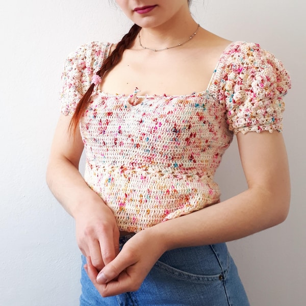 Playful tee/ crochet pattern for cute top/ advanced crocheter project/ top with puffed sleeves / big sleeves crochet top/ milkmaid top/ pdf