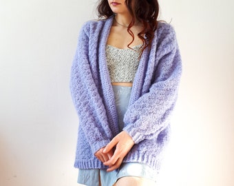 Lilac cardi / crochet pattern / crochet cardigan / lace crochet for women / fluffy mohair cardi / easy puffy sweater / winter wear