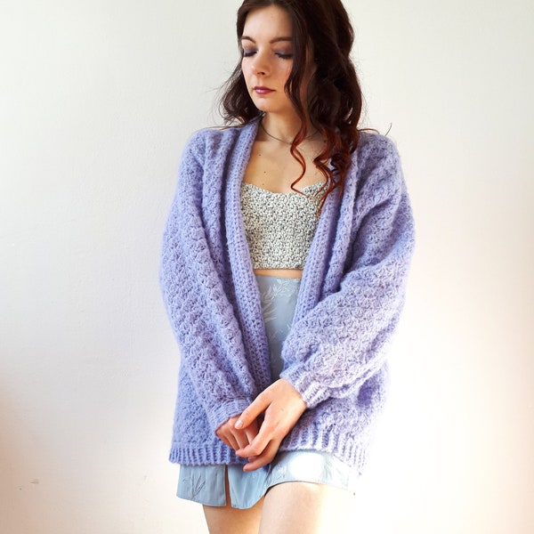 Lilac cardi / crochet pattern / crochet cardigan / lace crochet for women / fluffy mohair cardi / easy puffy sweater / winter wear