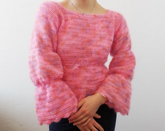 Bubblegum sweater CROCHET PATTERN / cute mohair crochet pattern / top with flaired sleeves / puffy sleeves top or sweater / long or crop top