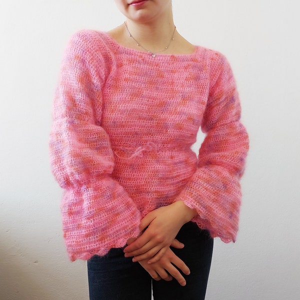 Bubblegum sweater CROCHET PATTERN / cute mohair crochet pattern / top with flaired sleeves / puffy sleeves top or sweater / long or crop top