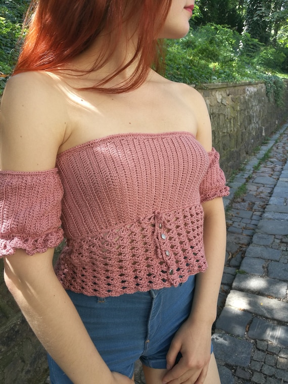 Raspberry Crochet Top Crop Top Pattern Cute Loose Top Pattern Milk Maid Style Top Puffy Sleeves Crochet for Women Buttoned Top Etsy