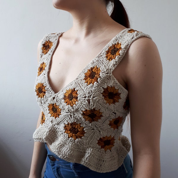 Sunflower top CROCHET PATTERN / crocheted crop top / granny squares / flower top women / summer top and dress / pdf file