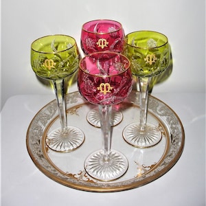 Four Antique Baccarat Green and Red Engraved Wine Hocks