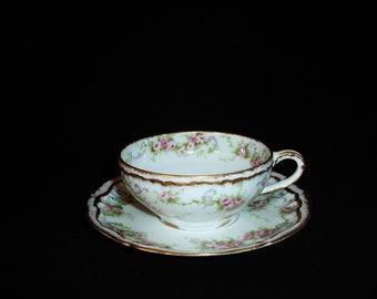 Tasse et soucoupe double Roses roses en porcelaine de Limoges Theodore Haviland SCH 340