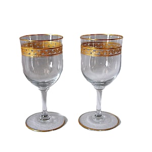 Saint Louis Crystal Gilt Greek Key Etched Glass Stemmed Goblets