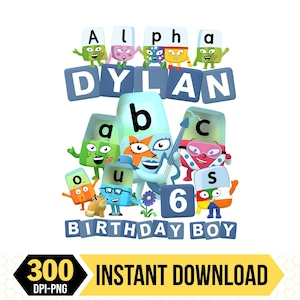 May include: A digital graphic with the name "DYLAN" in white block letters, surrounded by cartoon characters and the words "BIRTHDAY BOY." The image includes the word "Alpha" and the number "6."