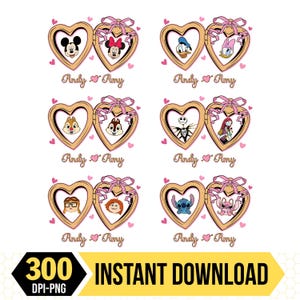 Peut inclure: Plusieurs médaillons en forme de cœur avec des personnages Disney, dont Mickey, Minnie, Donald, Daisy, Tic et Tac, Jack Skellington, Sally, Stitch et Angel. Chaque médaillon est orné d'un nœud rose et des noms "Andy" et "Amy". Le texte "300 DPI-PNG" et "INSTANT DOWNLOAD" est également présent.