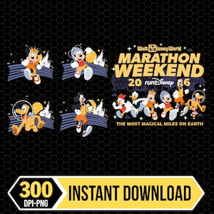 Peut inclure: Graphique noir avec des personnages Disney en tenue de course, promouvant le Marathon Weekend de Walt Disney World. Le design comprend le texte "MARATHON WEEKEND" et "THE MOST MAGICAL MILES ON EARTH". Comprend également "300 DPI-PNG" et "INSTANT DOWNLOAD".