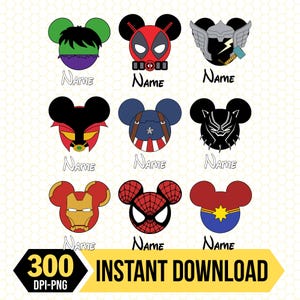 May include: A selection of superhero-themed mouse ear designs. Each design represents a different character, such as Hulk, Deadpool, Thor, and Captain Marvel. The image also includes the text "Name" and "300 DPI-PNG".