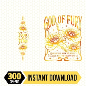 Peut inclure: Un design numérique avec le texte "GOD OF FURY" en script doré, accompagné de fleurs de lotus stylisées et de balles. Le design comprend la phrase, "EVEN IF YOU HATE YOURSELF, I'LL LOVE YOU FOR THE BOTH OF US."