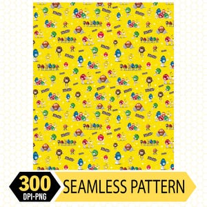 Può includere: Un motivo senza cuciture con caramelle M&M's colorate su uno sfondo giallo brillante. Il design include vari personaggi M&M's in diversi colori, con il testo "M&M" ripetuto. Il testo "300 DPI-PNG" è incluso.
