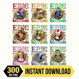Peut inclure: Une collection d'impressions numériques colorées mettant en vedette des personnages d'une franchise de jeux vidéo populaire. Chaque impression comprend le mot "EPIC" et "UNIVERSE" avec une illustration de personnage. Le texte "300 DPI-PNG" et "INSTANT DOWNLOAD" est également inclus.