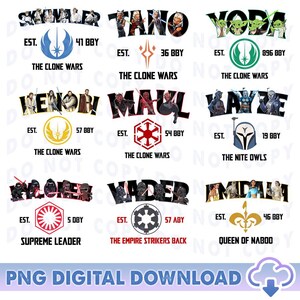 Peut inclure: Un téléchargement numérique de 10 designs de personnages de Star Wars. Chaque design présente le nom d'un personnage, un logo et le texte "EST." suivi d'une année et d'une description de l'affiliation du personnage. Les designs sont dans une variété de couleurs, y compris le bleu, le vert, le rouge, le jaune et le noir.