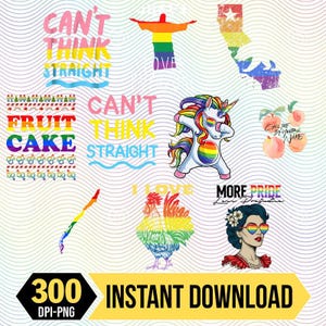 Peut inclure: Une collection de graphiques colorés sur le thème de la fierté, comprenant une licorne arc-en-ciel, un coq et le texte "Can't Think Straight". Comprend également un contour de la Californie, une statue de Jésus et le texte "Fruit Cake". Inclut le texte "300 DPI-PNG" et "Instant Download".