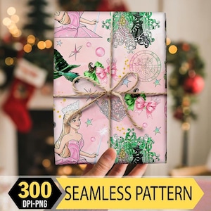Peut inclure: Un cadeau emballé avec un motif sans couture rose sur le thème des princesses. Le motif comprend des illustrations d'une princesse, des nœuds, des étoiles et une couronne. Le cadeau est noué avec de la ficelle. Le texte "300 DPI-PNG SEAMLESS PATTERN" est également inclus.