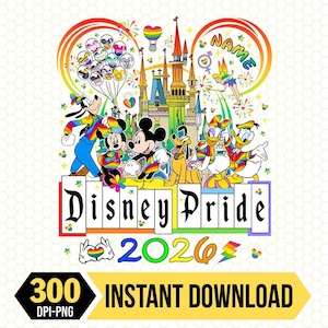Peut inclure: Graphique coloré avec des personnages Disney célébrant la Fierté. Mickey, Minnie, Dingo, Pluto, Donald et Daisy Duck sont représentés en tenues arc-en-ciel. Le texte indique "Disney Pride 2026" et "Téléchargement instantané".