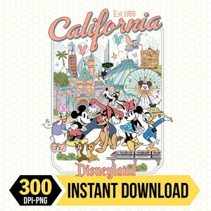 Peut inclure: Illustration colorée avec les personnages de Disneyland, Mickey, Minnie, Donald et Dingo. Le design comprend le texte "California Disneyland" dans un style vintage, avec des attractions du parc en arrière-plan.