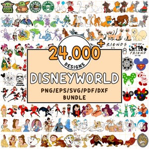May include: A collection of Disney character designs, including Baby Yoda, Mickey Mouse, and various other characters. The image features the text "24,000 Designs Disneyworld Bundle" in a variety of file formats. The designs are colorful and cartoon-like.