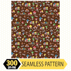 Peut inclure: Un motif sans couture avec des bonbons M&M's colorés dans diverses poses et groupes, sur un fond marron foncé avec un motif en nid d'abeille. L'image comprend le texte "300 DPI-PNG" et "SEAMLESS PATTERN".