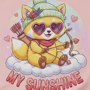 Op de afbeelding: Een cartoon illustratie van een gele vos met een hartvormige zonnebril, een groene muts met bloemen en een rode sjaal. De vos houdt een boog en pijl met hartvormige punten vast, zittend op een wolk met de tekst "MY SUNSHINE".