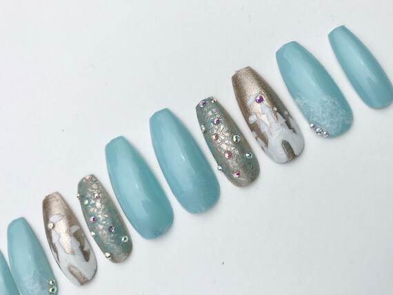 images Fake Nails Blue And Gold etsy