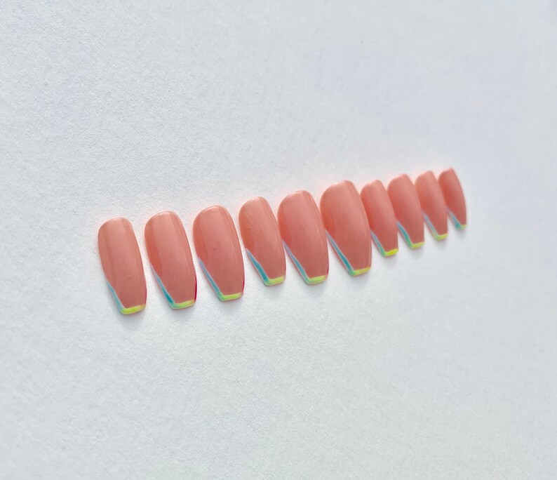 NUDE RAINBOW Ombre Neon French Manicure Press on Nails  Fake image 1