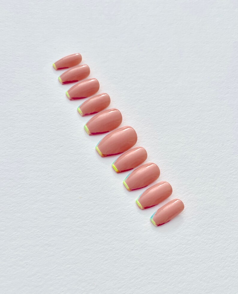 NUDE RAINBOW Ombre Neon French Manicure Press on Nails  Fake image 2