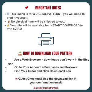 Może przedstawiać: A digital pattern listing with important notes and download instructions. The listing states that it is a digital pattern, no physical item will be shipped, and the file is available for instant download in PDF format.