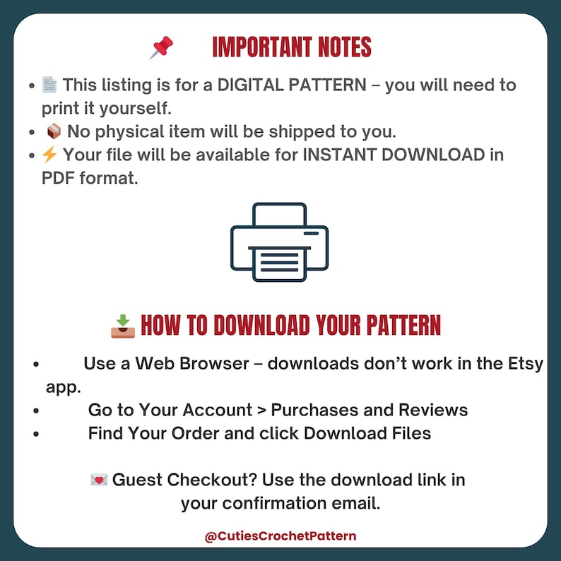 Może przedstawiać: A digital pattern listing with important notes and download instructions. The listing states that it is a digital pattern, no physical item will be shipped, and the file is available for instant download in PDF format.