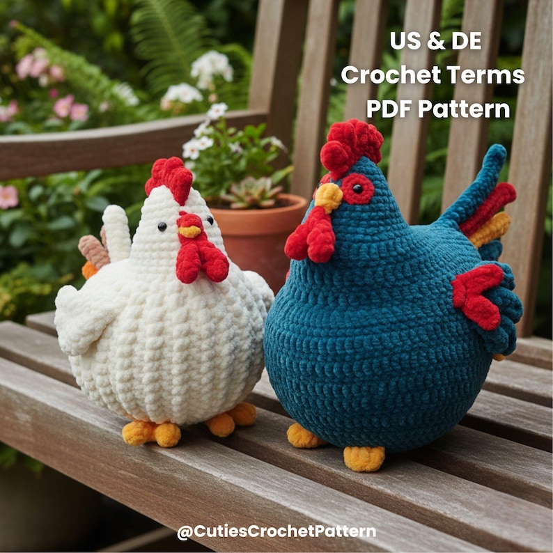 Amigurumi Häkelanleitung für Hahn und Henne aus Chenille-Wolle, Low-Sew Muster in Weiß und Petrol, PDF-Anleitung mit US & DE Begriffen