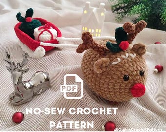No-Sew Crochet Pattern – Christmas REINDEER & SLEIGH Amigurumi PDF for Beginners