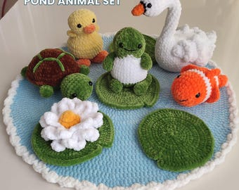 Low Sew Pond Crochet Pattern Bundle Amigurumi Swan Duck Frog Turtle Fish Plushie Toy Set PDF