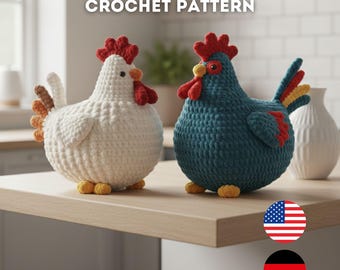 Crochet Chicken & Rooster Pattern Bundle – Amigurumi Chicken and Rooster Plush PDF, Farm Animal Toy, US and DE Crochet Terms