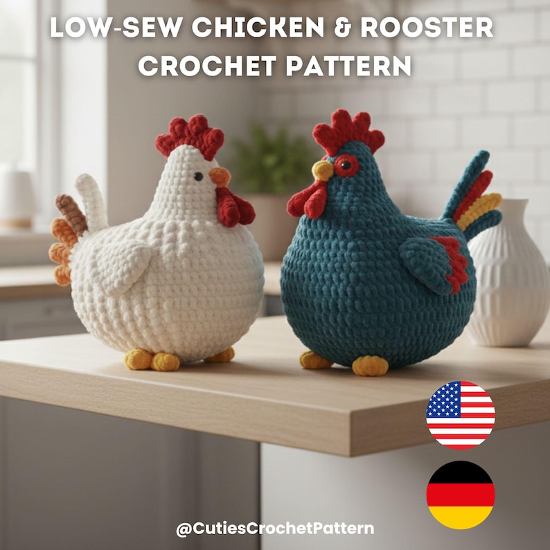 Two crocheted chicken and rooster figures. One is white, the other is blue. Both have red combs and wattles, yellow feet, and detailed tail feathers. The text "LOW-SEW CHICKEN & ROOSTER CROCHET PATTERN" is at the top of the image.