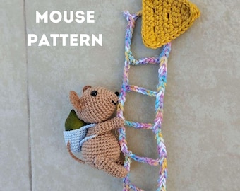 Crochet Mouse Toy with Ladder & Cheese | Amigurumi Mouse PDF Pattern | Nursery Toy Pattern | Cute Crochet Animal