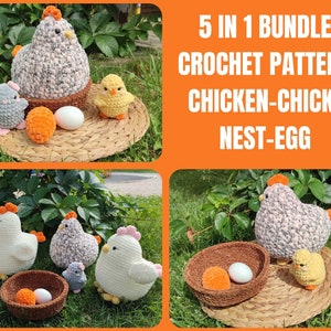 May include: A crochet pattern bundle for making a chicken, chick, nest, and egg. The pattern includes instructions for making a grey hen, a yellow chick, a brown nest, and a white egg. The image shows the finished crocheted items.