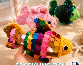 Glitzernde Fisch-Häkelmuster-Set (PDF) | 3 Amigurumi-Fische mit echten Paillettenschuppen | Glitzernde Ozean-Kollektion | Plüschmuster für einfaches Nähen