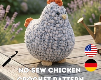 Wzór na szydełkowego kurczaka, kurczak amigurumi bez szycia, łatwy wzór na pluszowego kurczaka w formacie PDF, zabawka dla początkujących – zwierzątko gospodarskie (USA i Niemcy)