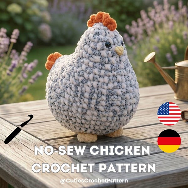 Chicken Crochet Pattern, No-Sew Amigurumi Chicken PDF, Easy Plushie Crochet, Beginner Farm Animal Toy, US & DE Crochet Terms