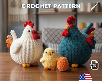 Crochet Chicken Family Pattern Bundle, Amigurumi Rooster, Hen, Chicks and Eggs Tutorial, Farm Animal Crochet PDF, 4-in-1 DIY Gift