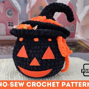 May include: Crochet pattern for a black and orange pumpkin-shaped Halloween candy holder. The pattern is available as a PDF download.