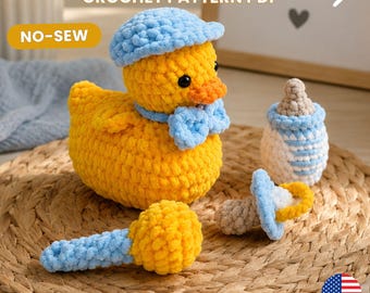 Baby Boy Duck Crochet Pattern PDF | No-Sew Rubber Duck Amigurumi | Baby Bottle, Pacifier & Rattle Set | Nursery Decor