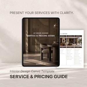 Puede incluir: Una tableta digital que muestra una plantilla de guía de servicios y precios de diseño de interiores en tonos marrones, con una portada y una tabla comparativa. El texto dice PRESENT YOUR SERVICES WITH CLARITY.
